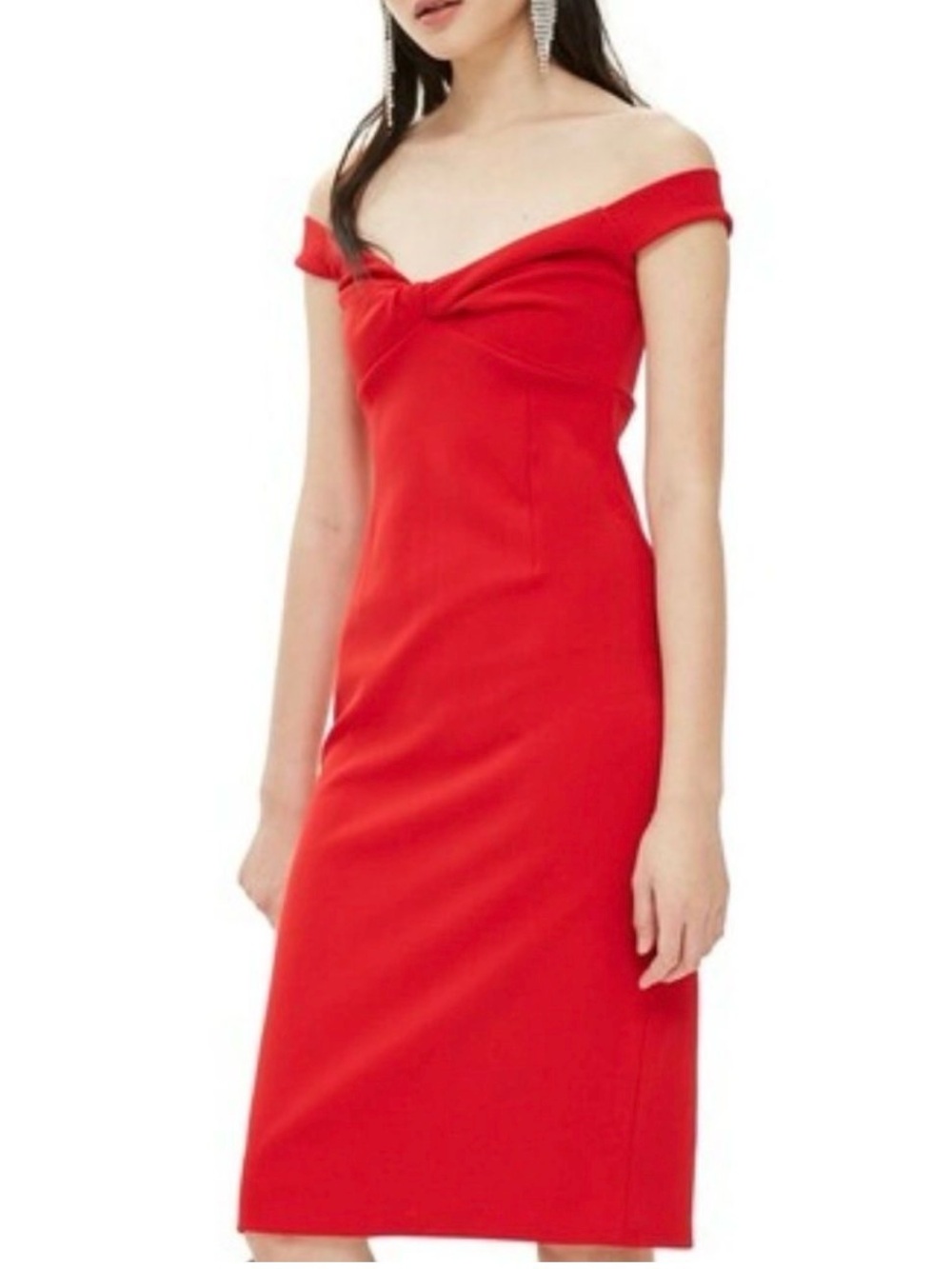 #421-TOPSHOP Off-Shoulder Elegant Red Sheath Midi Dress Sz 10